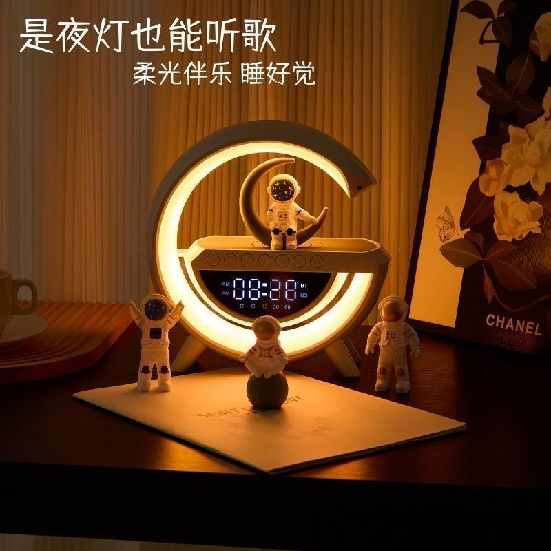 chargeur sans fil + réveil + lumière d’ambiance + enceinte Bluetooth + horloge
